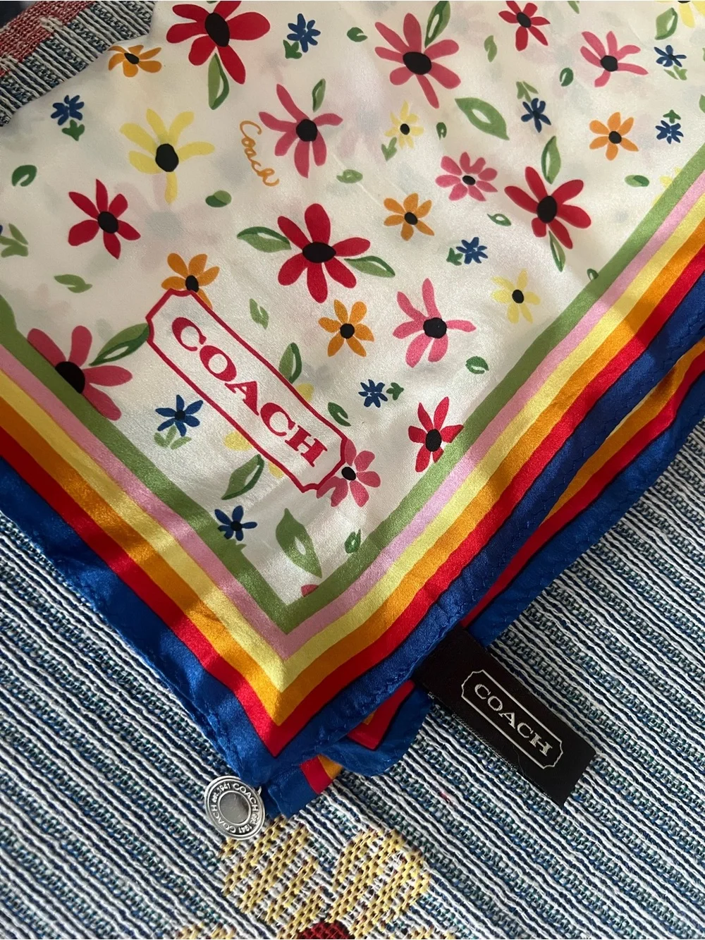 Coach Floral Rainbow Border Silk Scarf - White, Red, Blue, Yellow, Pink, Green
